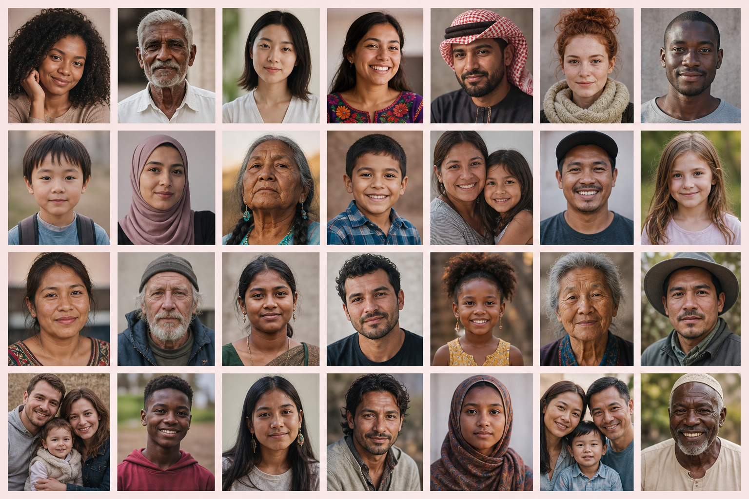 A grid of portrait photographs of women, men, children and families from many ethnicities
