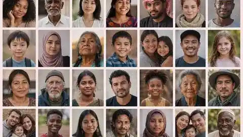 A grid of portrait photographs of women, men, children and families from many ethnicities