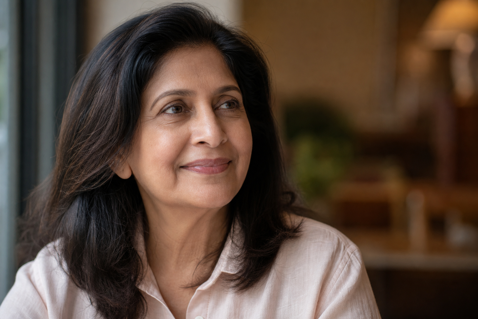 South Asian woman in her mid-fifties with a gentle smile, soft natural light