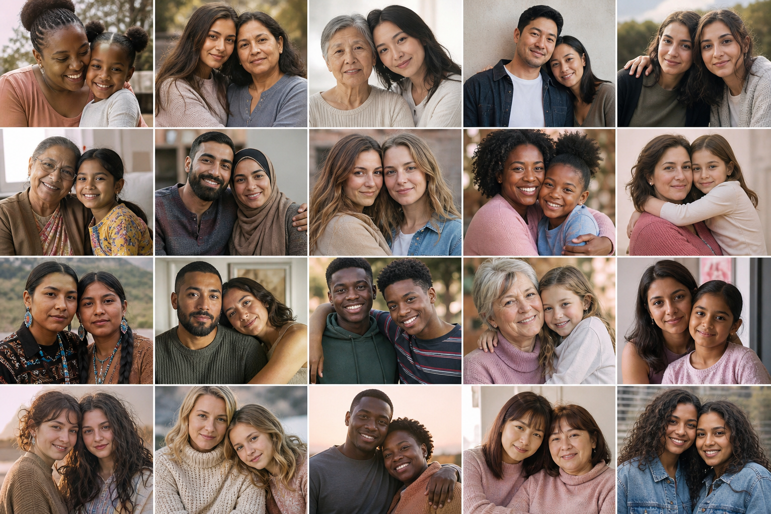 A grid of paired portraits — mothers and daughters, sisters, partners, friends
