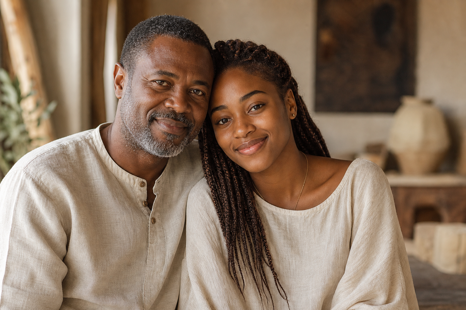 African father and his young-adult daughter sitting close, both smiling warmly