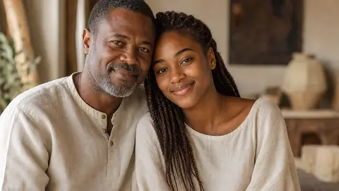 African father and his young-adult daughter sitting close, both smiling warmly