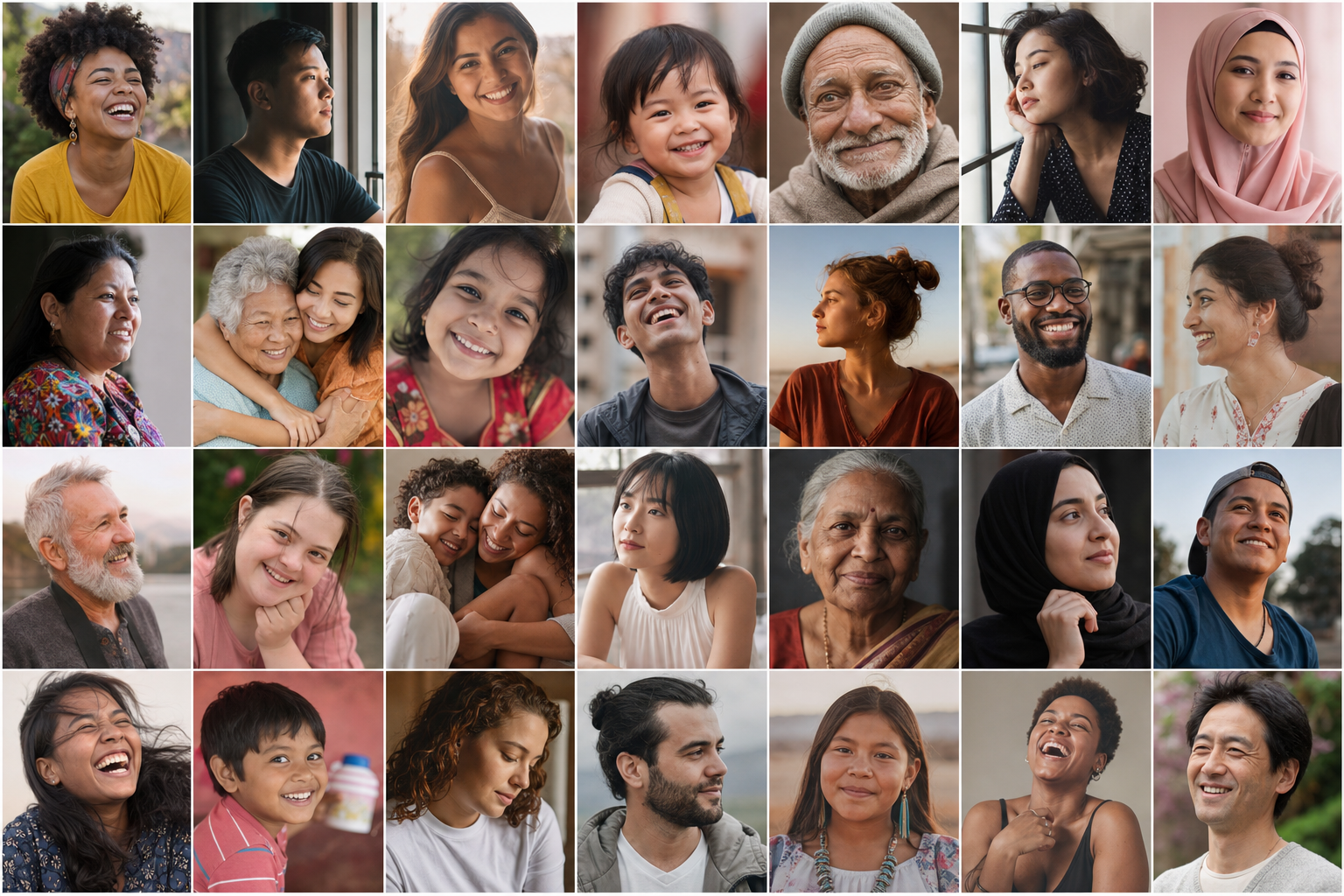 A grid of portrait photographs capturing different life moments — laughter, contemplation, hope