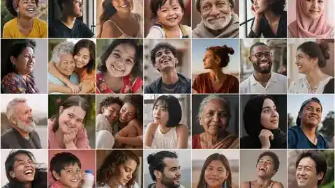 A grid of portrait photographs capturing different life moments — laughter, contemplation, hope