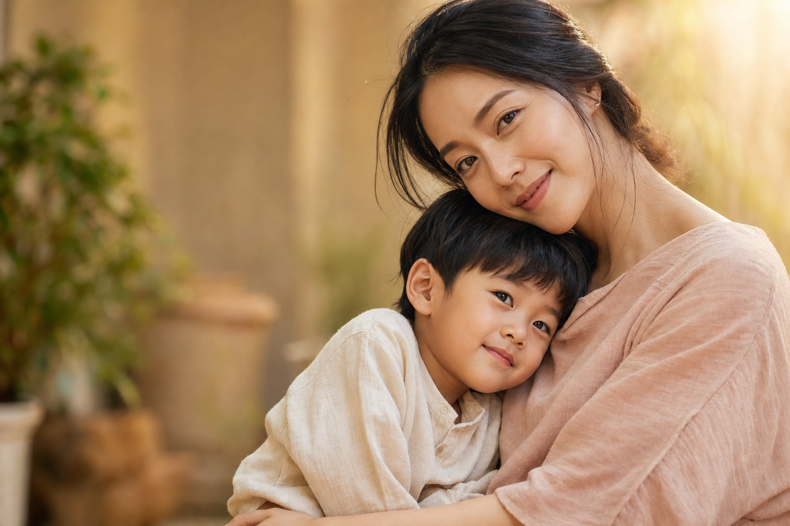 East Asian mother holding her young son in warm golden-hour light