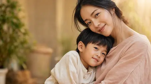 East Asian mother holding her young son in warm golden-hour light
