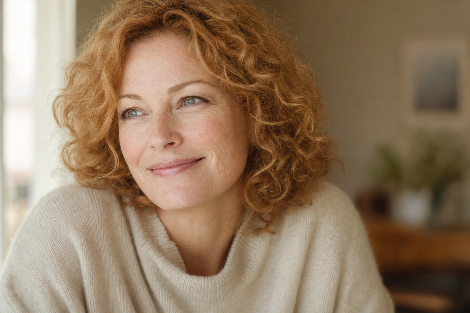 Caucasian woman in her mid-forties with strawberry-blonde curly hair, warm gentle smile