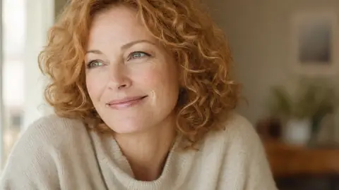 Caucasian woman in her mid-forties with strawberry-blonde curly hair, warm gentle smile