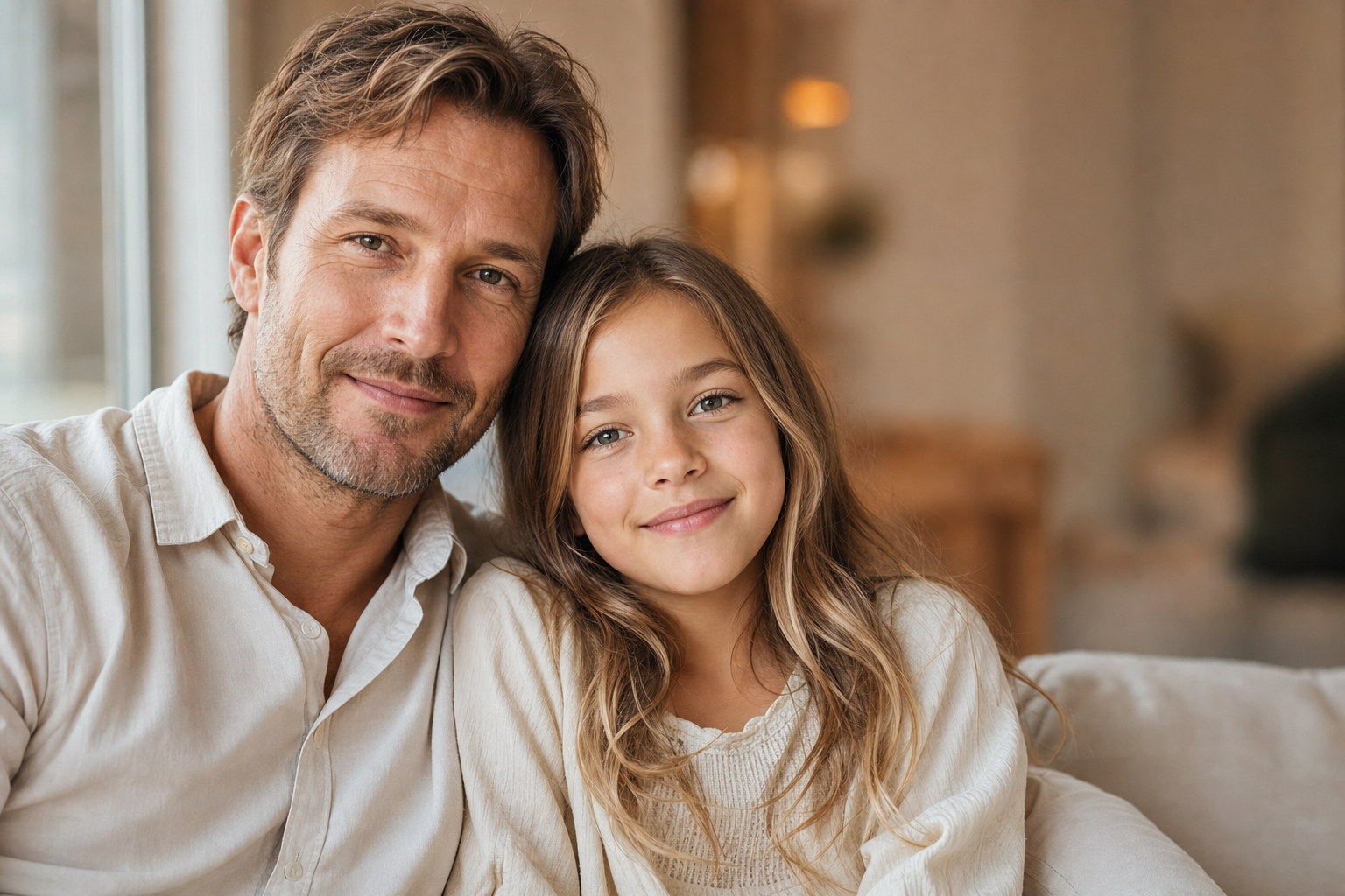 Caucasian father with his ten-year-old daughter, sitting close, warm window light