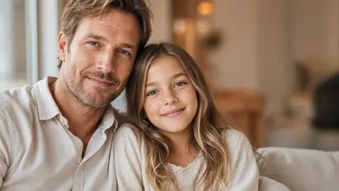 Caucasian father with his ten-year-old daughter, sitting close, warm window light