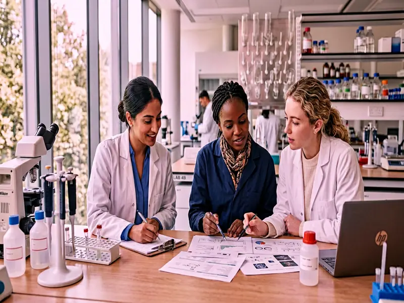 Diverse women scientists collaborating in a modern research laboratory