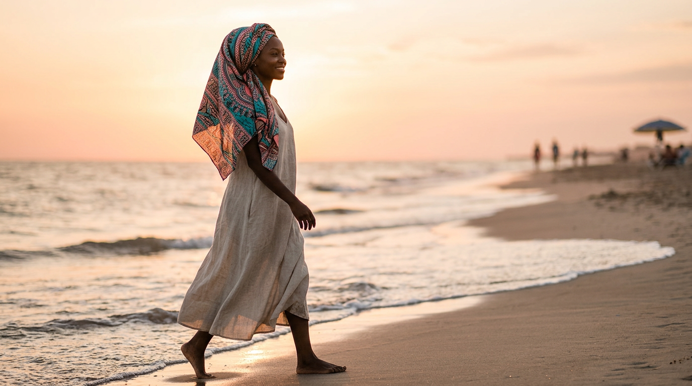 Woman in a teal-and-pink patterned headscarf walking barefoot along a shoreline at sunset