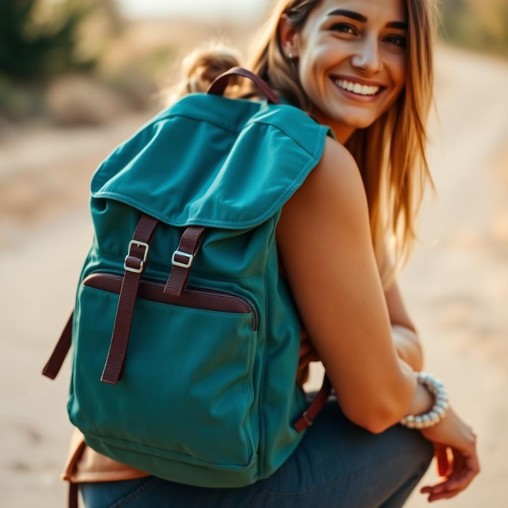 A young woman with a teal backpack